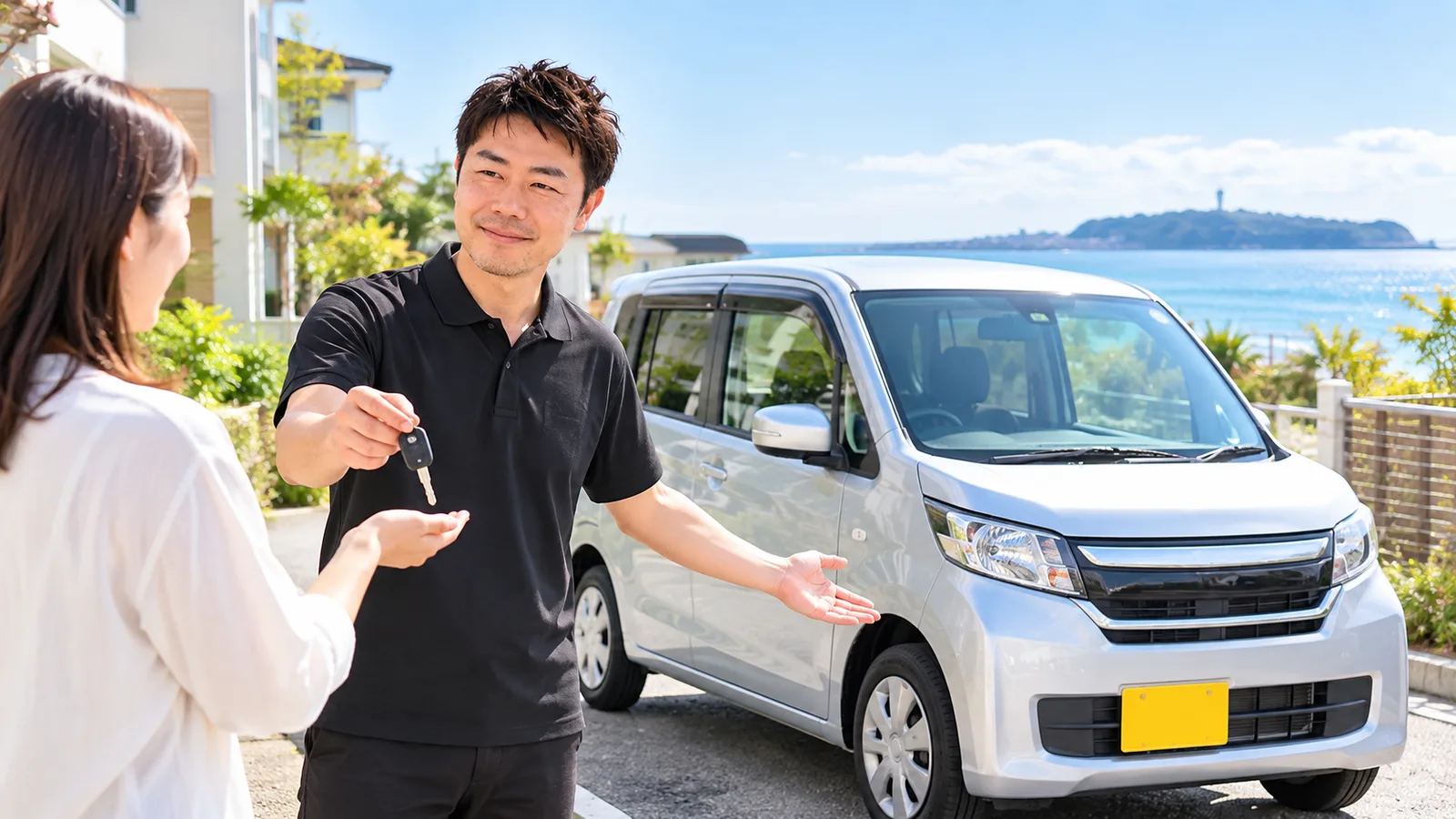 スタッフが代車のキーをお客様に手渡しているイメージ