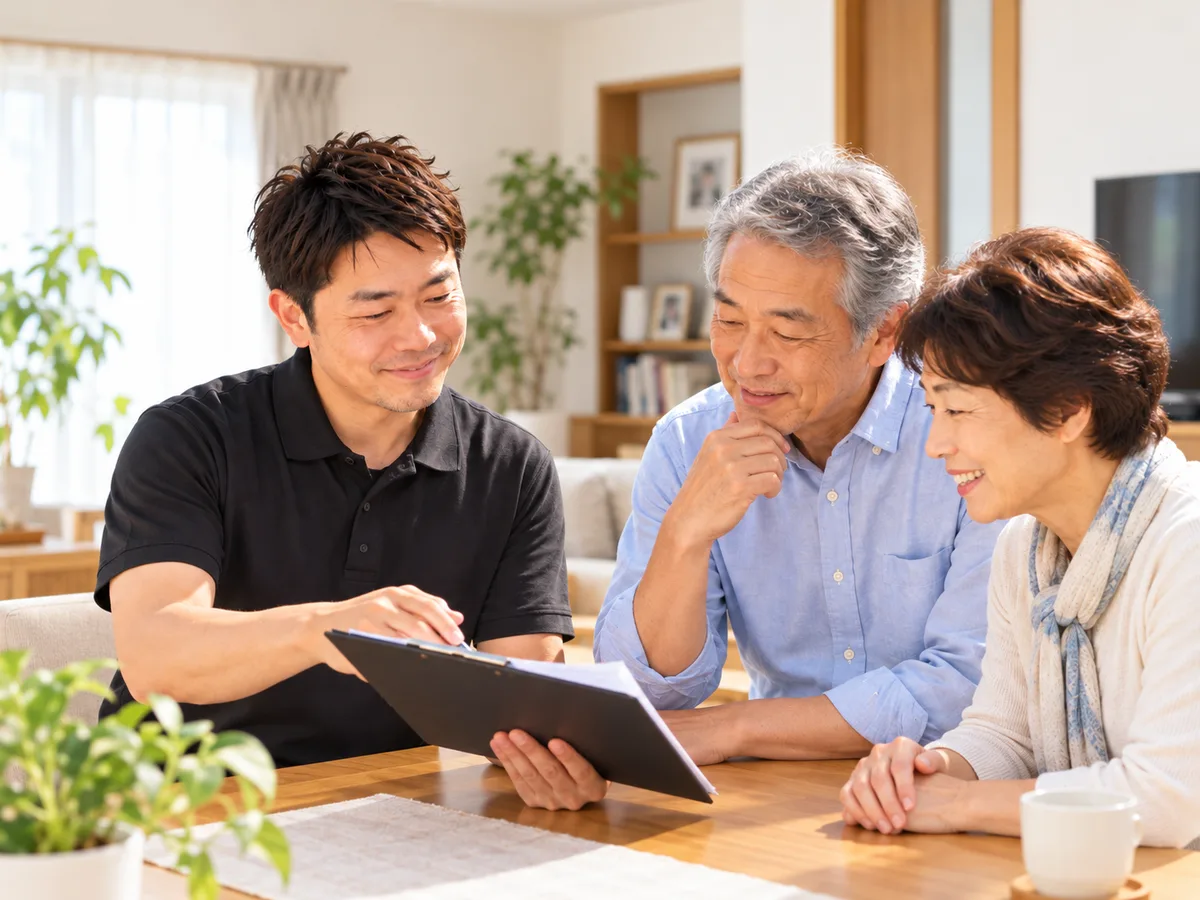 ご自宅で、ご夫婦に査定の内容を説明しているイメージ